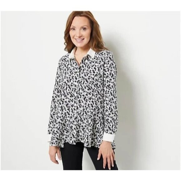 Isaac Mizrahi Live! Crepe Printed Button Front Blouse Black Reg 12 A487137 - Picture 1 of 1